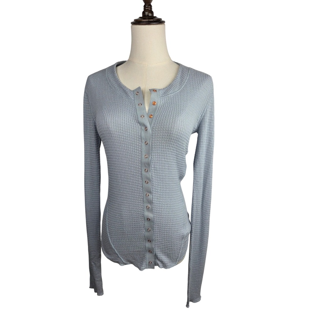 Free People Going Places Cardi Top M Pearl Blue Waffle Knit Snap Coquette NWT